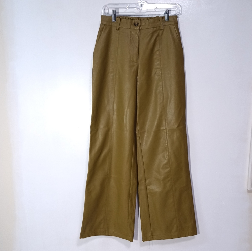FRNCH Wide Leg Faux Leather Pants in Olive Green